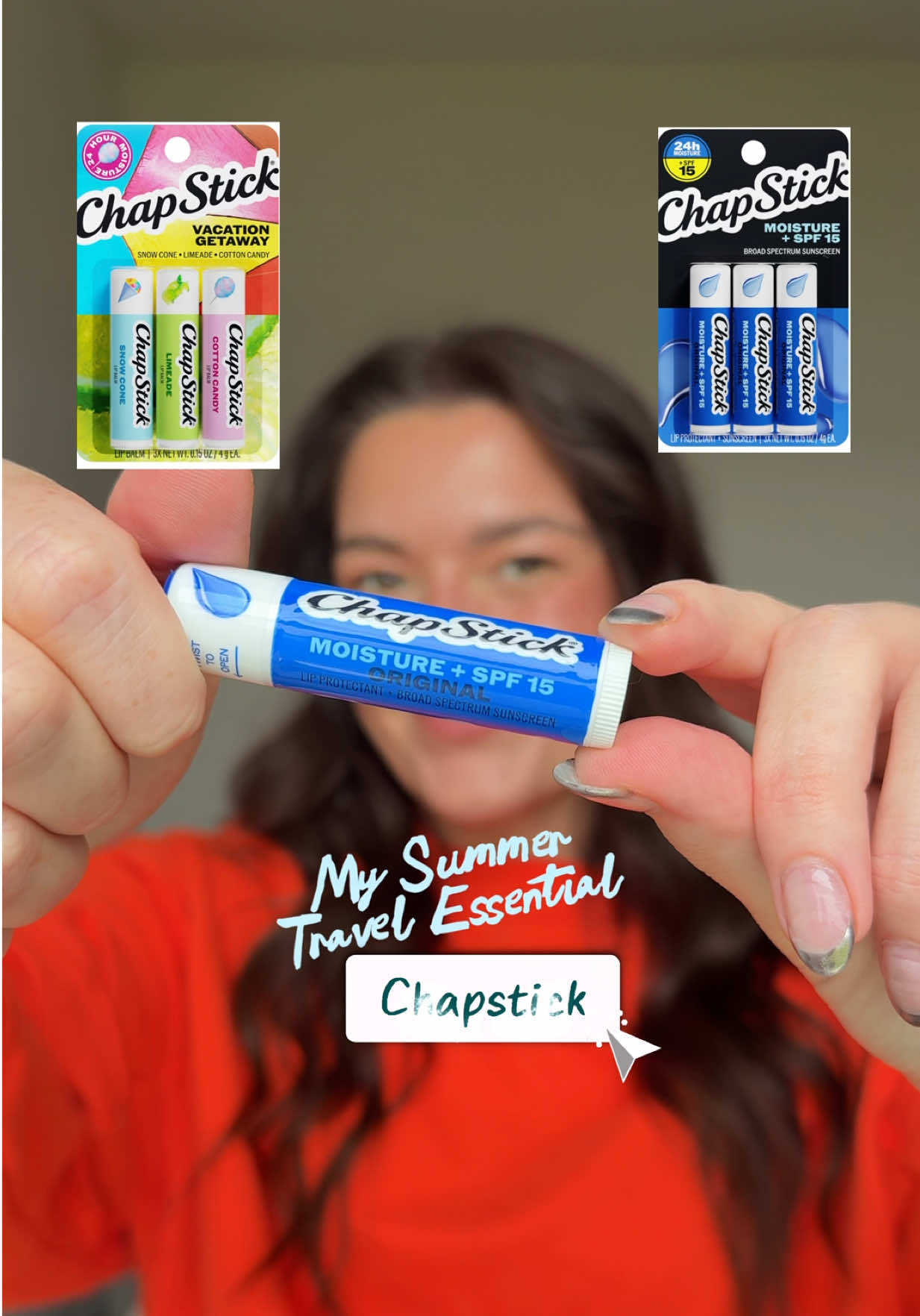TikTok post by @maddymhebert for ChapStick. Caption reads: [...] and I'm loving these Vacation scents ✨....