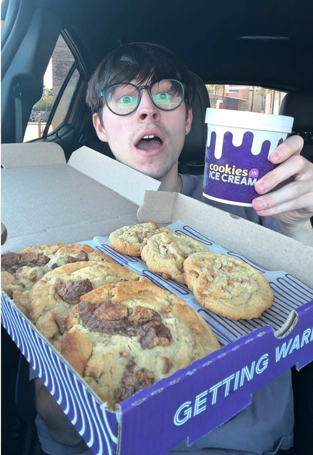 TikTok post by @caloriecarnage for Insomnia Cookies. Caption reads: Let’s Eat A Peanut Butter Lovers Order From....