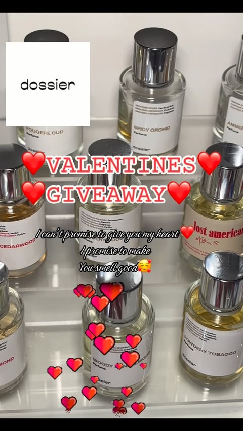 Instagram post by @abz_influenstareviews for Dossier. Caption reads: [...] @dossierperfumes VALENTINES GIVEAWAY [...].