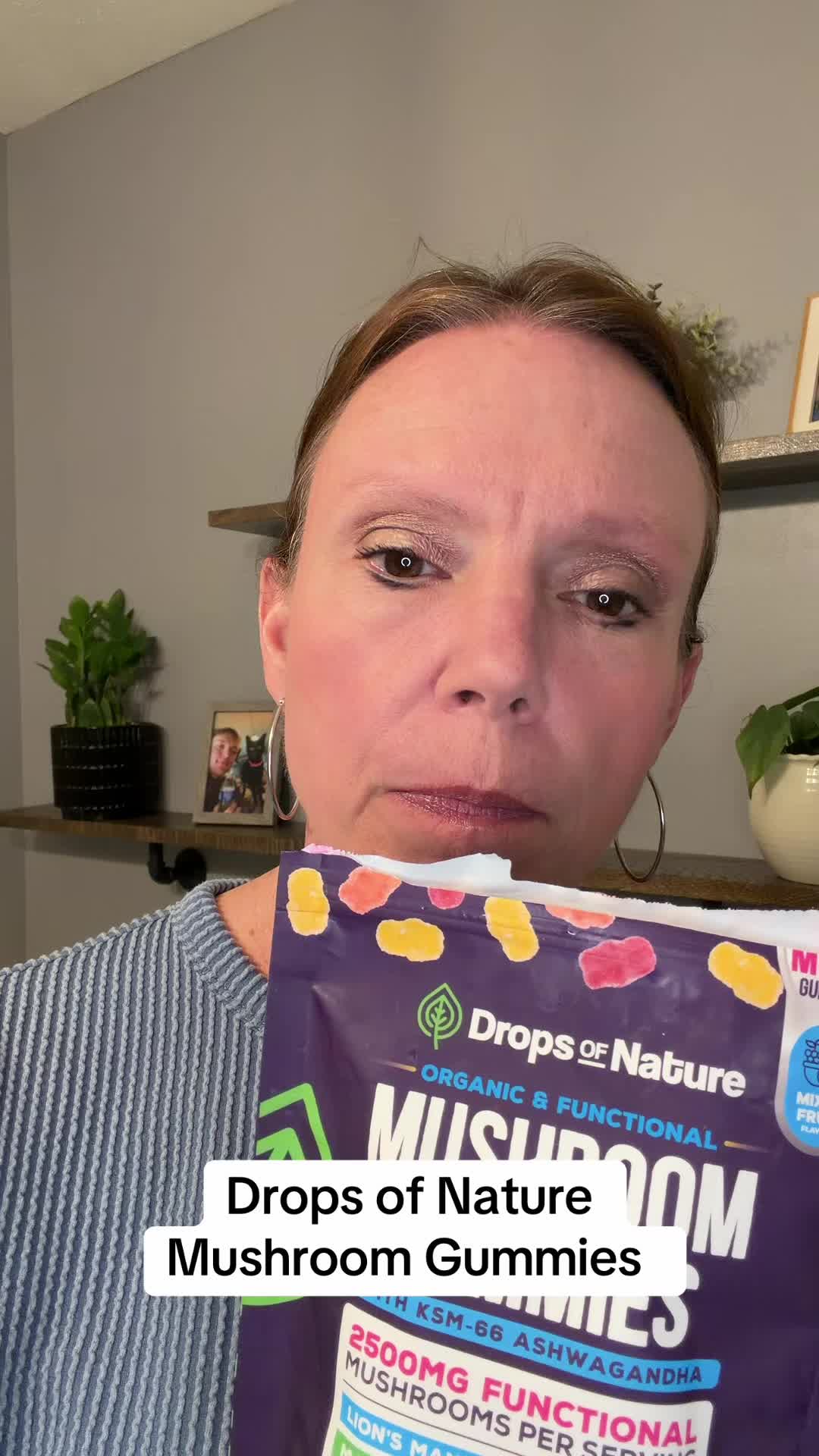 TikTok post by @amyjohighfield for Drops of Nature. Caption reads: #over50women #mushroomgummies #dropsofnature....