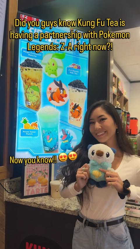 Instagram post by @osha_mami for Kung Fu Tea. Caption reads: Kung Fu Tea x Pokemon Legends Z-A? Yes please....