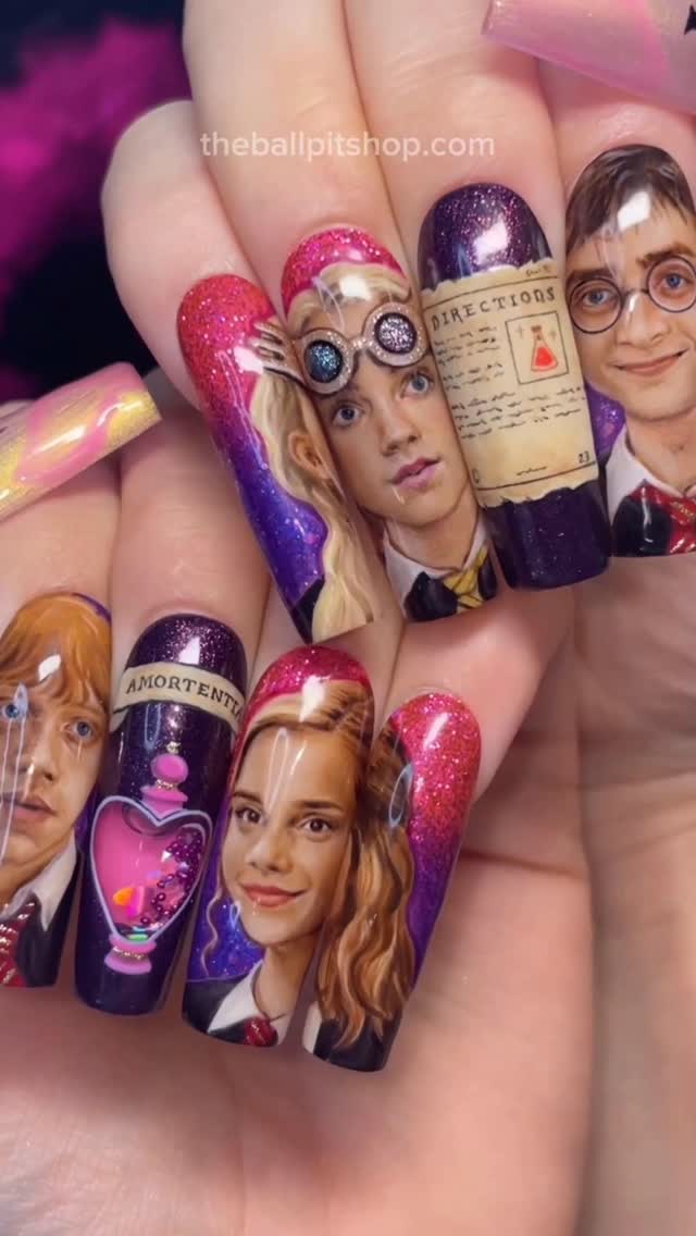 Instagram post by @ballpit_addict for Harry Potter. Caption reads: day 7: i painted $1400 Harry Potter nails (55....