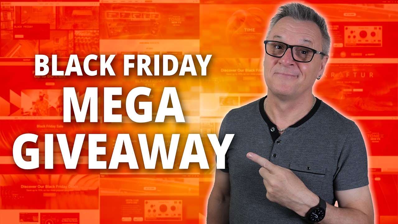 YouTube post by @CreativeSauce for Audeze. Caption reads: Music Production MEGA GIVEAWAY & Black Friday....