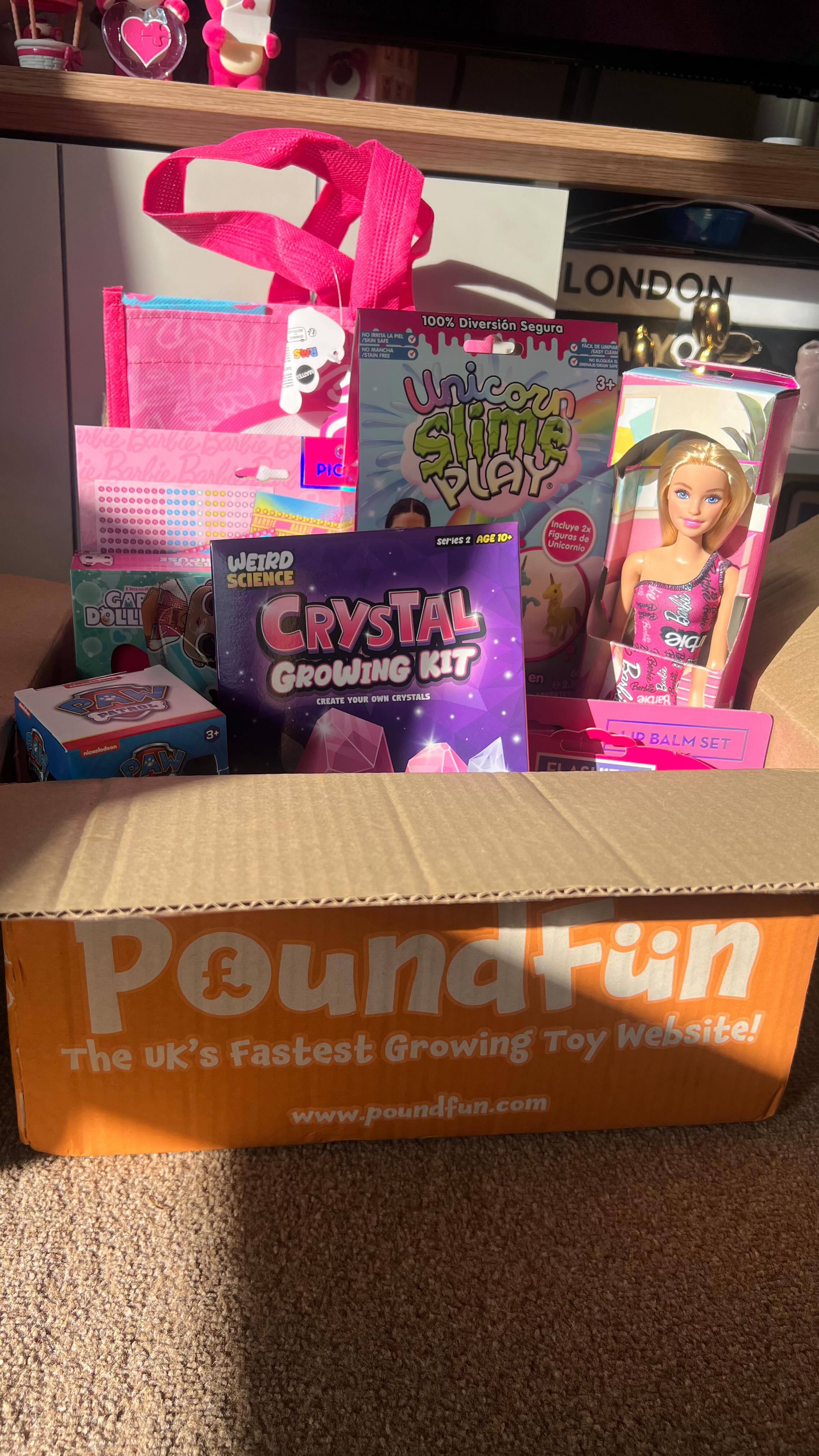 Instagram post by @raisinglottieandindie for PoundFun. Caption reads: 🧡 come open my @poundfun delivery with me 🧡

I....