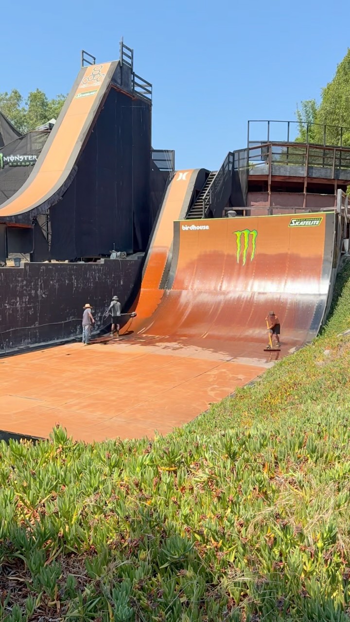 Instagram post by @elliotsloan for Monster Energy. Caption reads: Quite the process cleaning these ramps! Wish it....