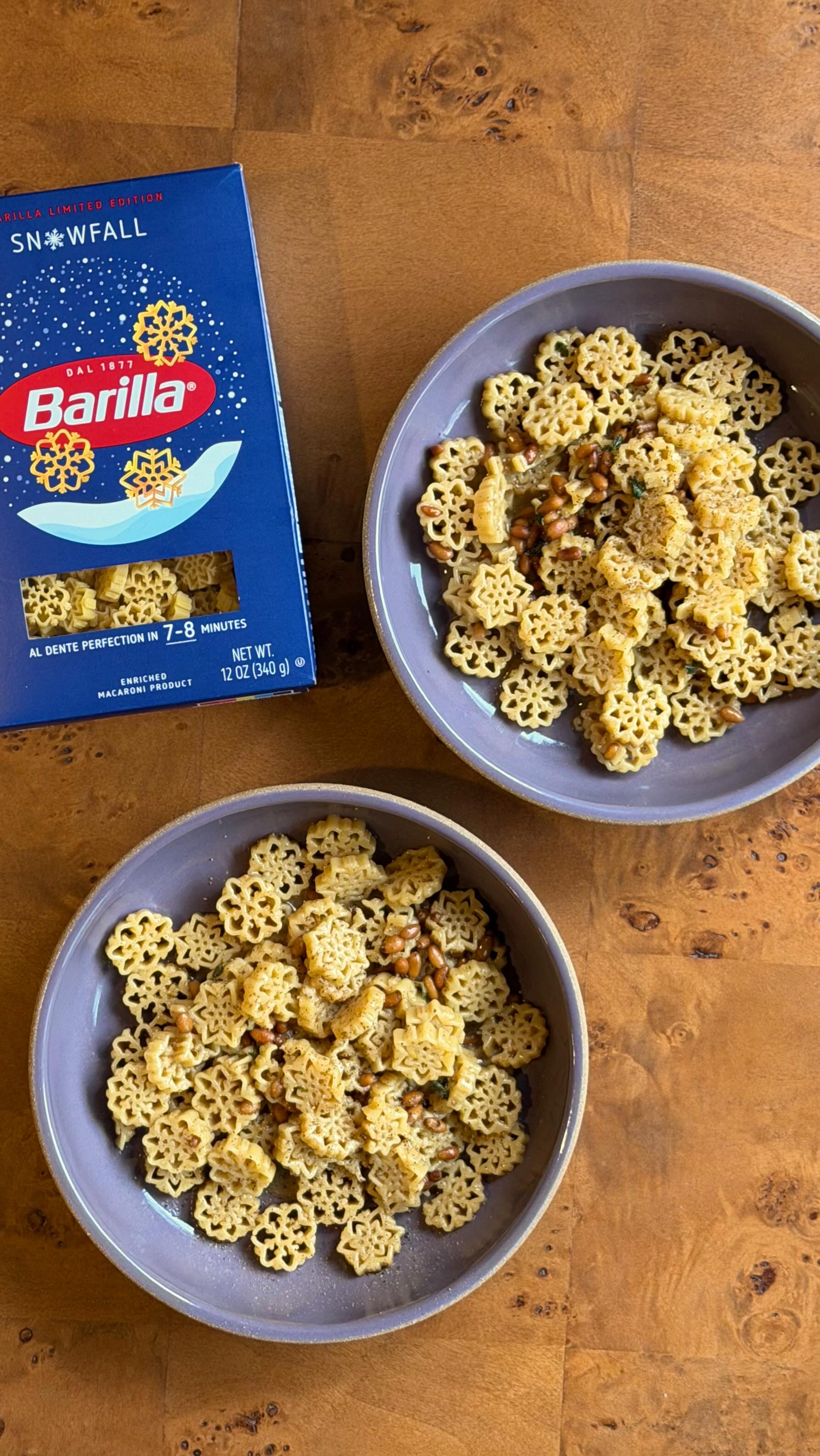 Instagram post by @max.baroni for Barilla. Caption reads: brown butter snowfall pasta with pine nuts + parm.....