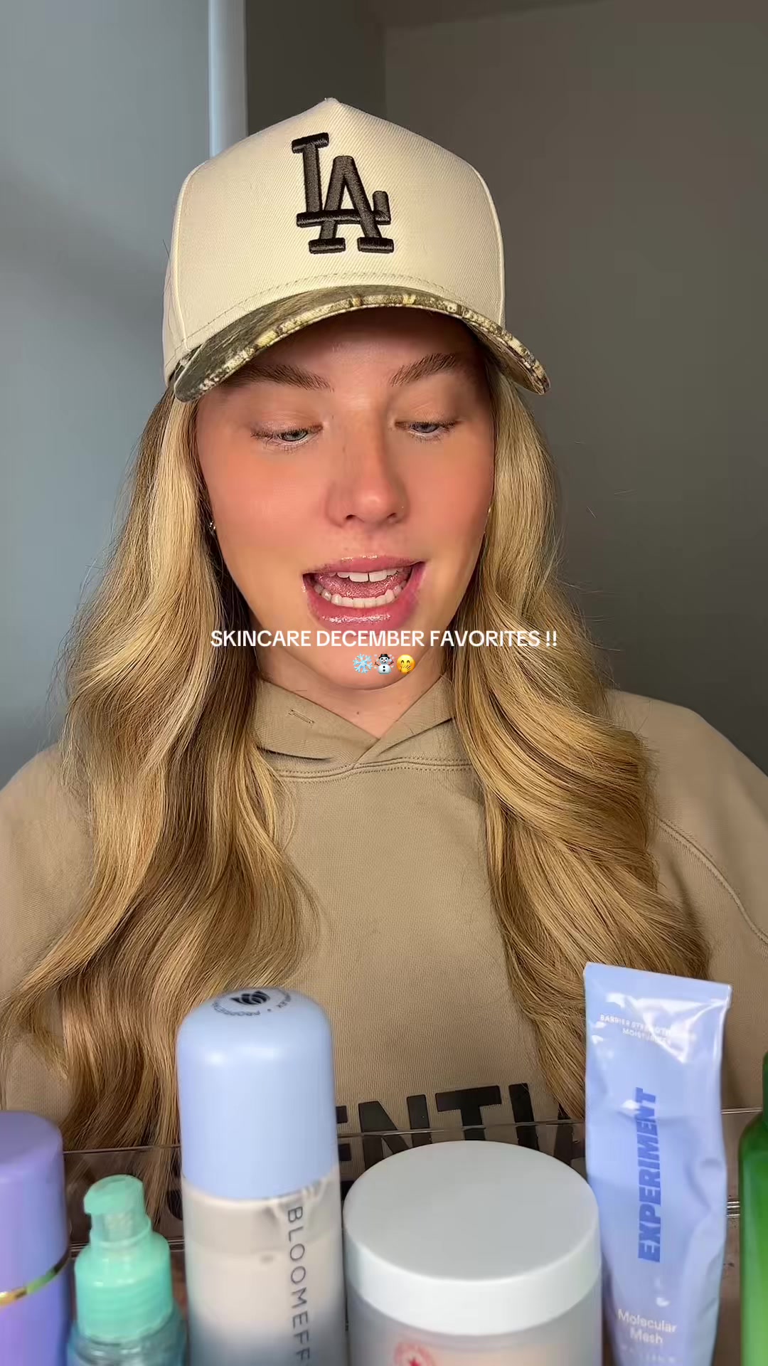 TikTok post by @skinwithhav for First Aid Beauty. Caption reads: DEC FAVS ❄️❄️❄️ @First Aid Beauty @Innisfree US....