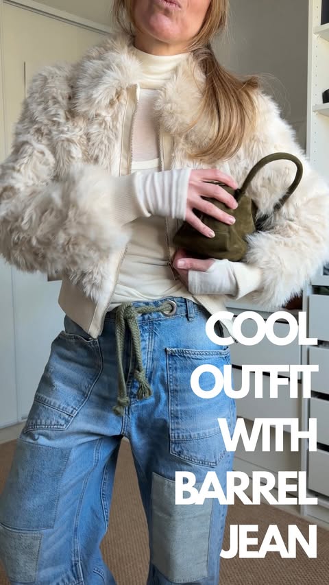 Instagram post by @alexlovelies for Free People. Caption reads: Barrel jean is the outfit 🫒 on valide ce look?....