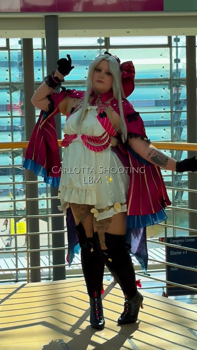 Instagram post by @dunecosplayofficial for CosPositive. Caption reads: Carlotta Shooting Video from @mangacomiccon Sunday....