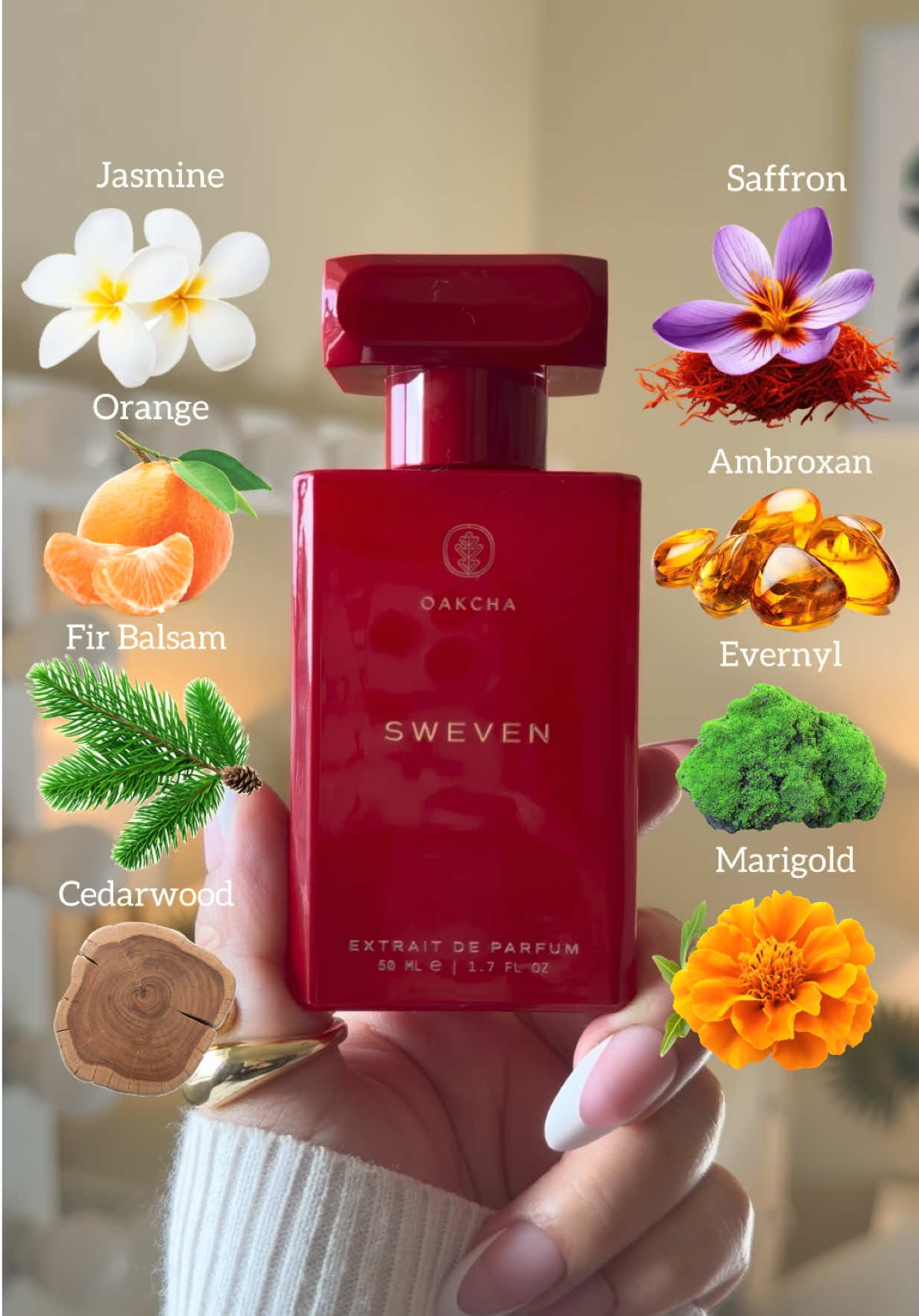 TikTok post by @gabbyfragrances for Oakcha. Caption reads: Sweven🌸🍊🪵@Oakcha  Smells like warm amber, woody....