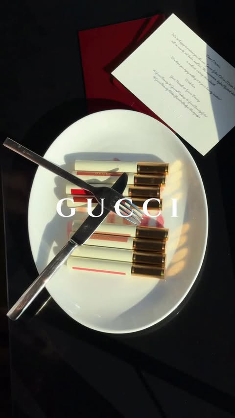 Instagram post by @marieromarie for GUCCI. Caption reads: Gucci lipsticks for breakfast, lunch & dinner.....