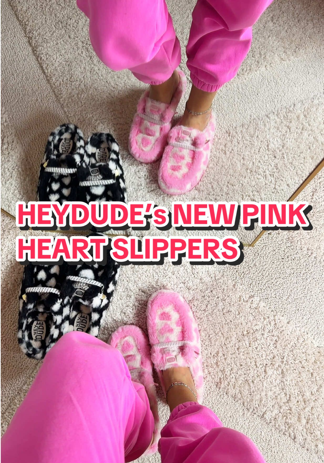 TikTok post by @kenlyealtumofficial for HEYDUDE shoes. Caption reads: [...] new Pink Heart Slippers 💗 @HeyDude ....