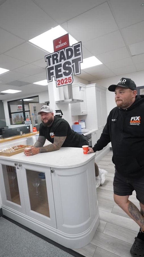 Instagram post by @thebaldbuilders for Howdens. Caption reads: Always fun popping into @howdensjoinery Winchester....