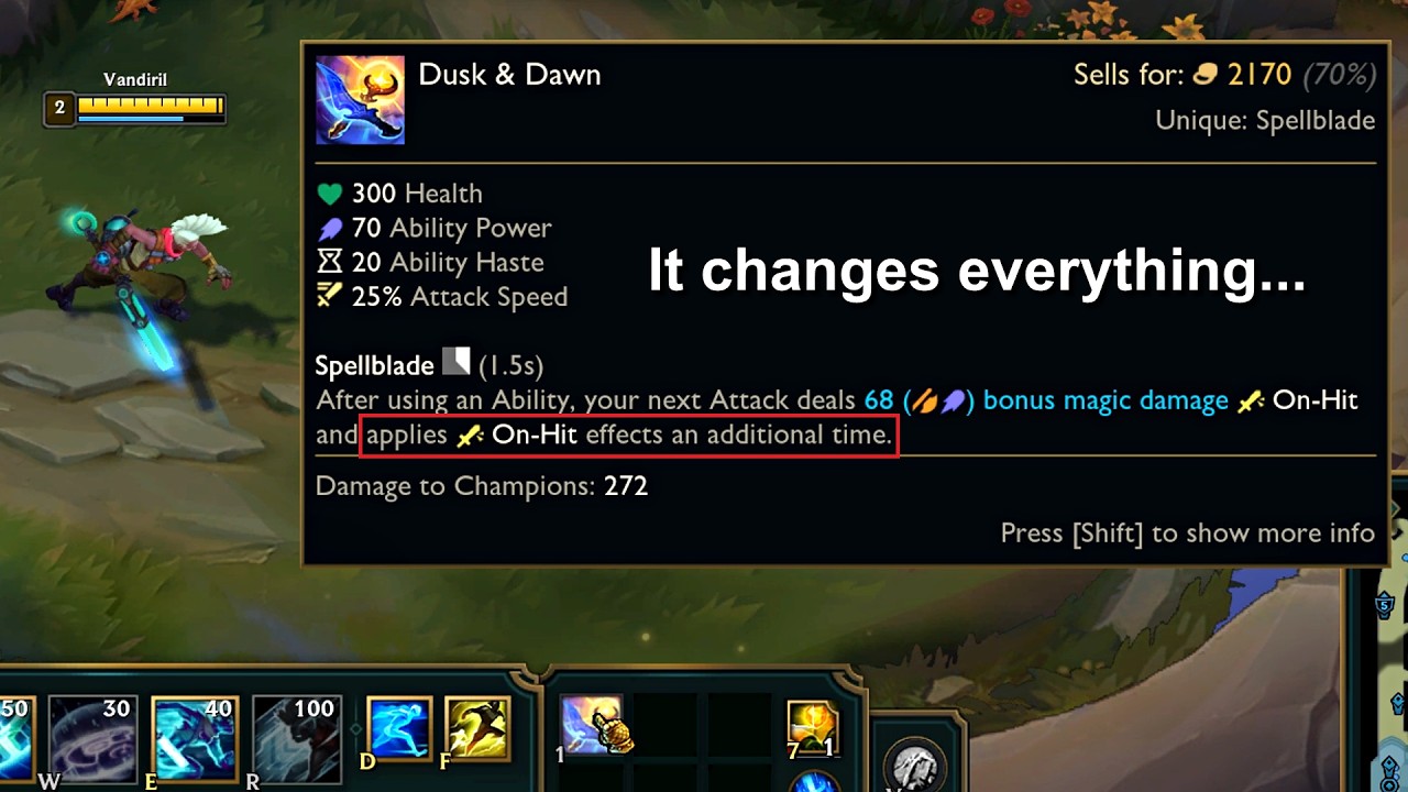 YouTube post by @Vandiril for League of Legends. Caption reads: Double On-Hit is a GAME CHANGER!.