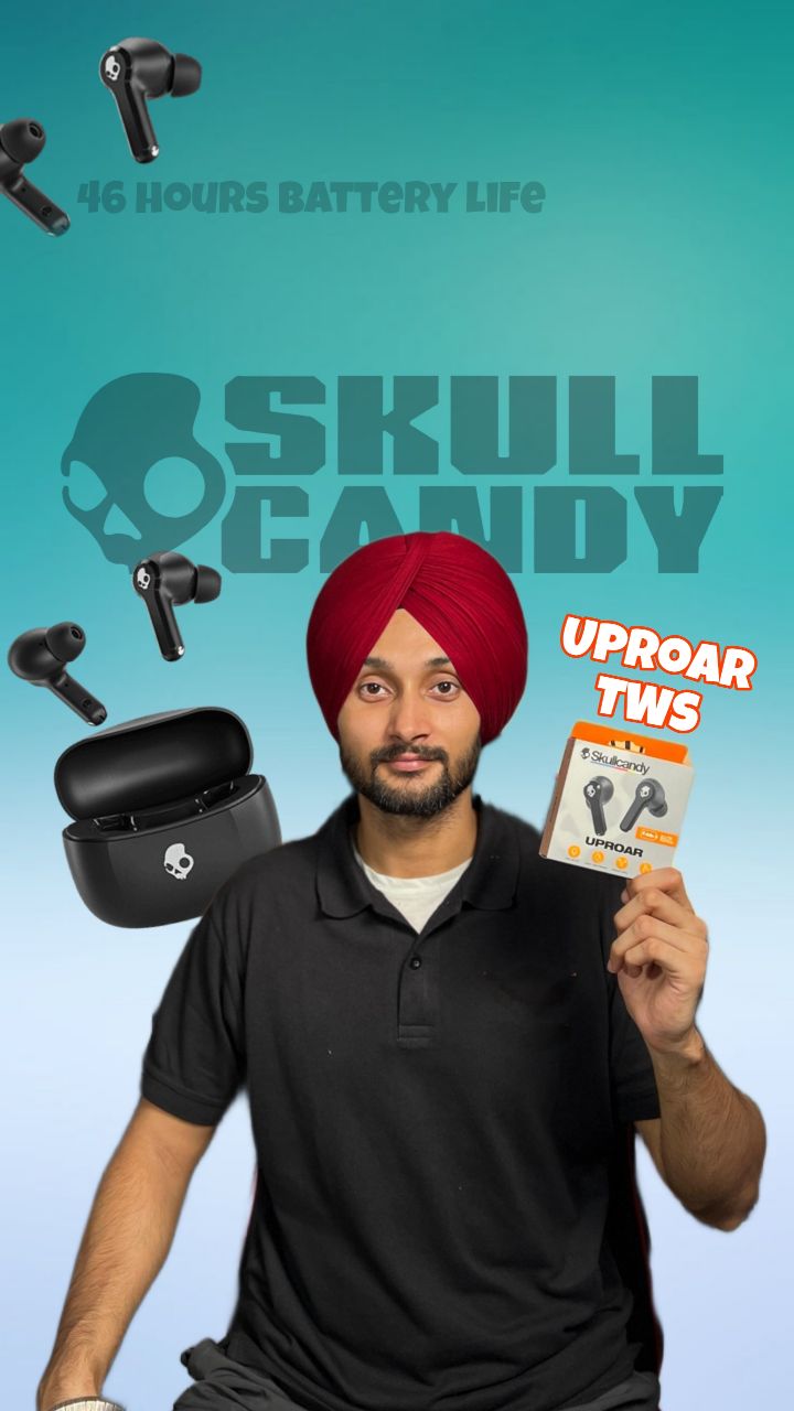 Instagram post by @thesahilblogs for Skullcandy. Caption reads: Meet the Skullcandy Uproar TWS — your all-day....