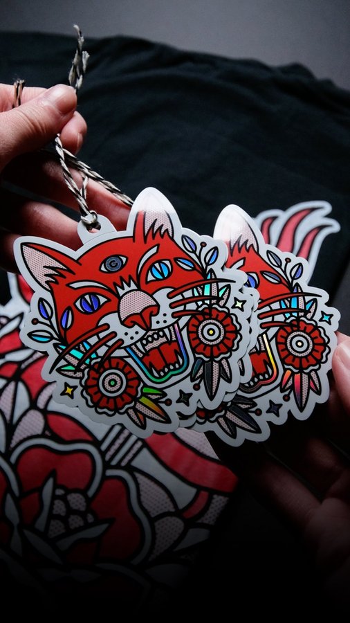 Instagram post by @redhalftone for StickerApp. Caption reads: [...] stickers for my apparel! I printed on....