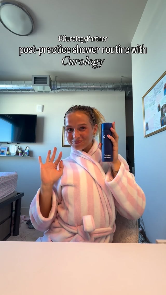 Instagram post by @mia__rogan for Curology. Caption reads: #curologypartner Post practice shower routine is....