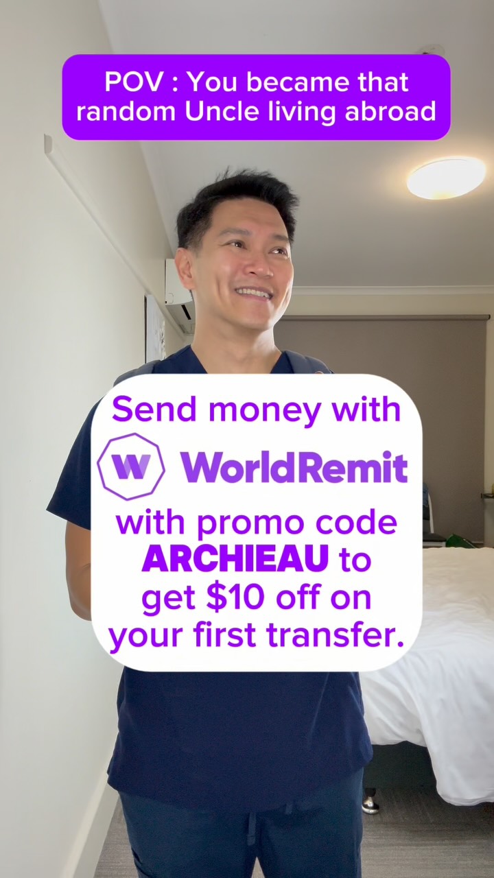 Instagram post by @nurse.archie for WorldRemit. Caption reads: Download the app and enter my promo code ARCHIEAU....