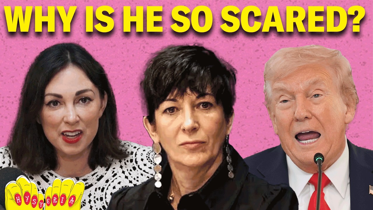 YouTube post by @hysteriapodcast for Article. Caption reads: Trump DODGES Question About Ghislaine Maxwell....