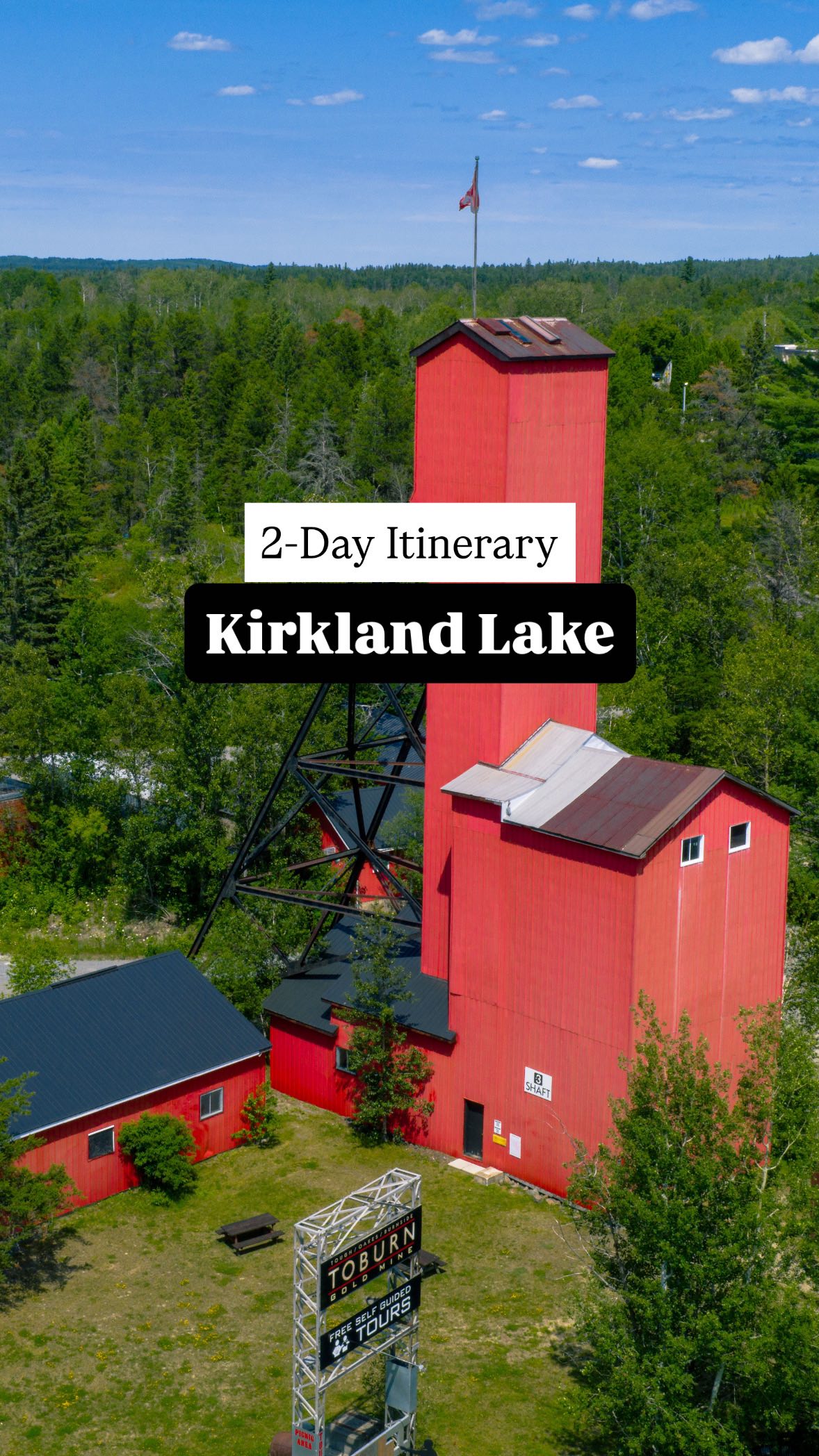 Instagram post by @neontario for Destination Ontario. Caption reads: ✨2-Day Itinerary for Kirkland Lake, Ontario✨....