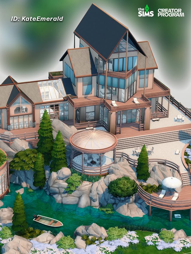 Instagram post by @thekateemerald for The Sims. Caption reads: [...] KateEmerald Lot: Lakeside Dream Cabin....