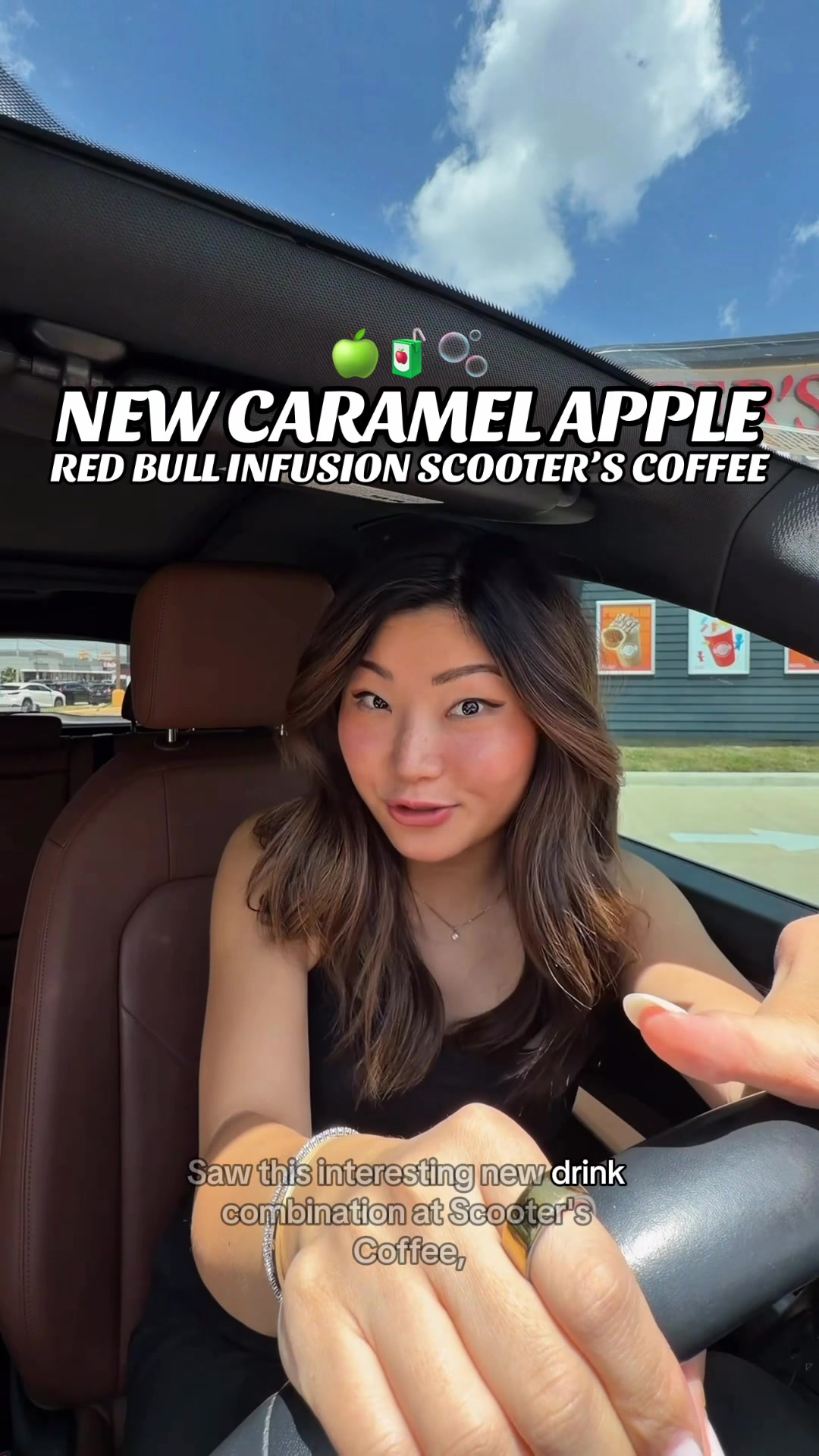 TikTok post by @texaseatsfirst for Scooter's Coffee. Caption reads: [...] Red Bull Infusion til 10/31 🧃🍏🫧....