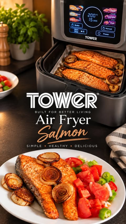 Instagram post by @hatiliving_ugc for Tower Housewares. Caption reads: [...] you try salmon in an air fryer?....