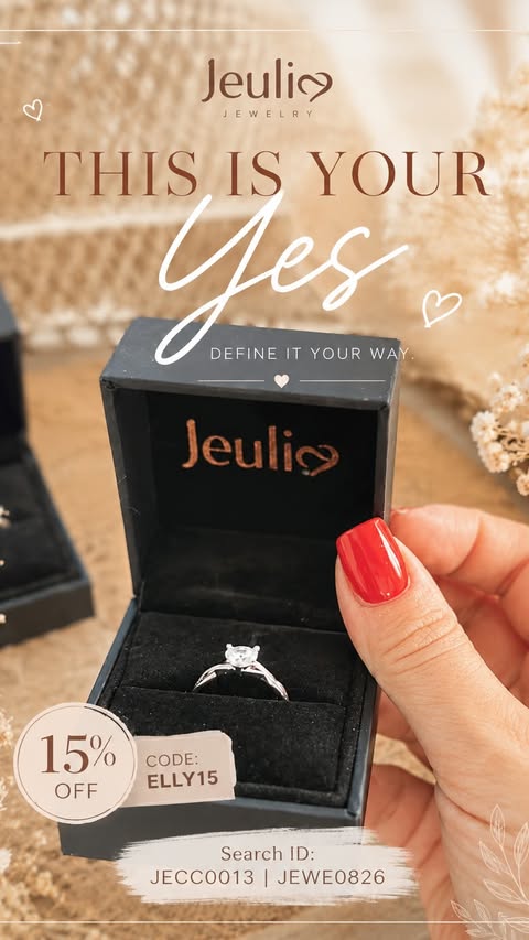 Instagram post by @hello.ellysworld for Jeulia Jewelry Official. Caption reads: 💍 This Is Your Yes. Define It Your Way. Some....