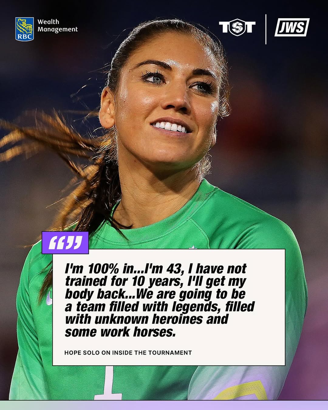 Instagram post by @tst7v7 for RBC. Caption reads: Hope Solo is ready to get back on the pitch at....