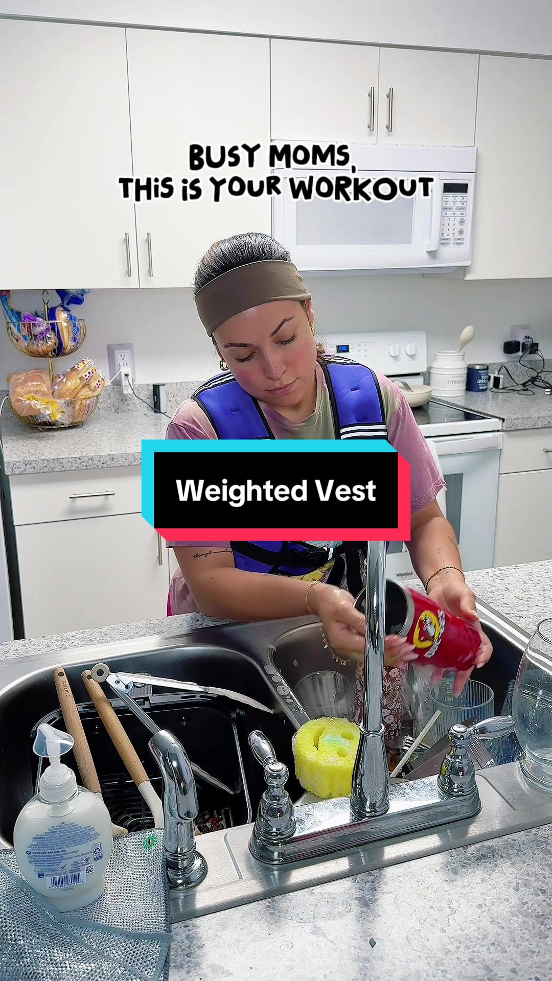 TikTok post by @eileenlately for Zelus Fitness. Caption reads: [...] #weightedvest #momhack #mombod @Zelus....