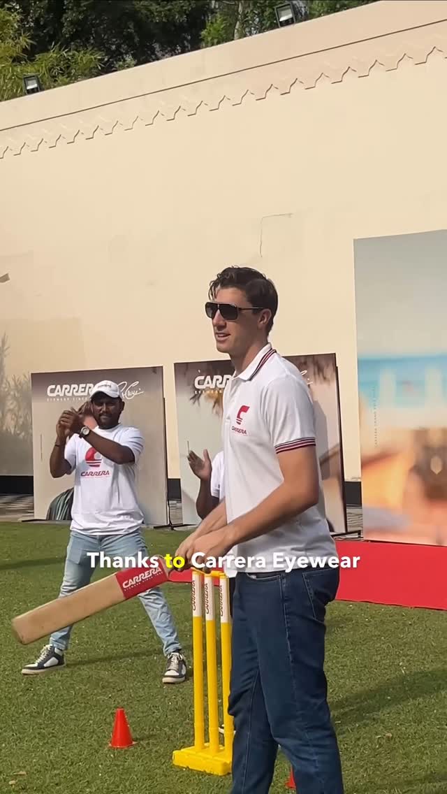 Instagram post by @amritamgamaya for Carrera Eyewear. Caption reads: Met the legend @patcummins30, discovered the....