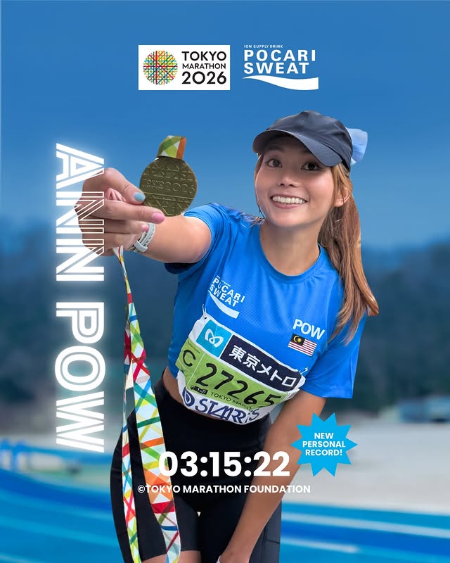 Instagram post by @ann_pow for Pocari Malaysia. Caption reads: [...] MARATHON 2026. #PocariSG #PocariMalaysia....