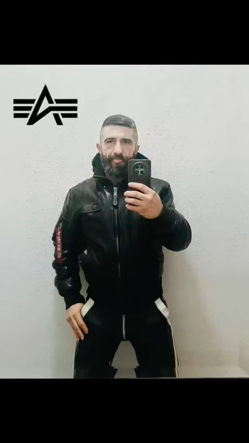 Instagram post by @kilkeralcaraz for Alpha Industries. Caption reads: It's a leather and @alphaindustries kind of....