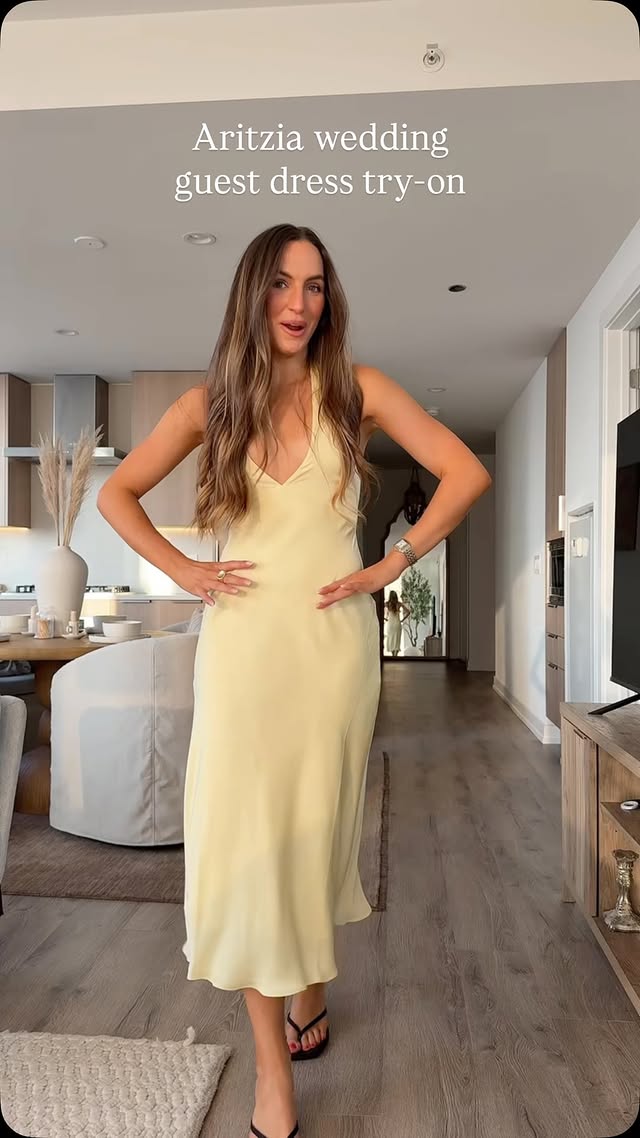 Instagram post by @kennedysack for Aritzia. Caption reads: [...] all of these wedding guest dresses from....