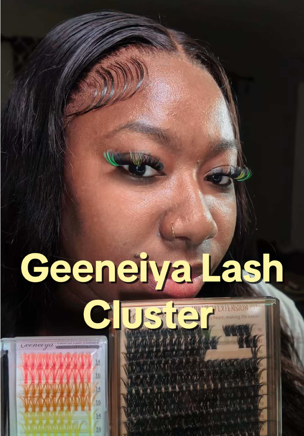 TikTok post by @sheenabeautyy for Geeneiya Lashes. Caption reads: [...] lashes for the first time 🔥 @Geeneiya....