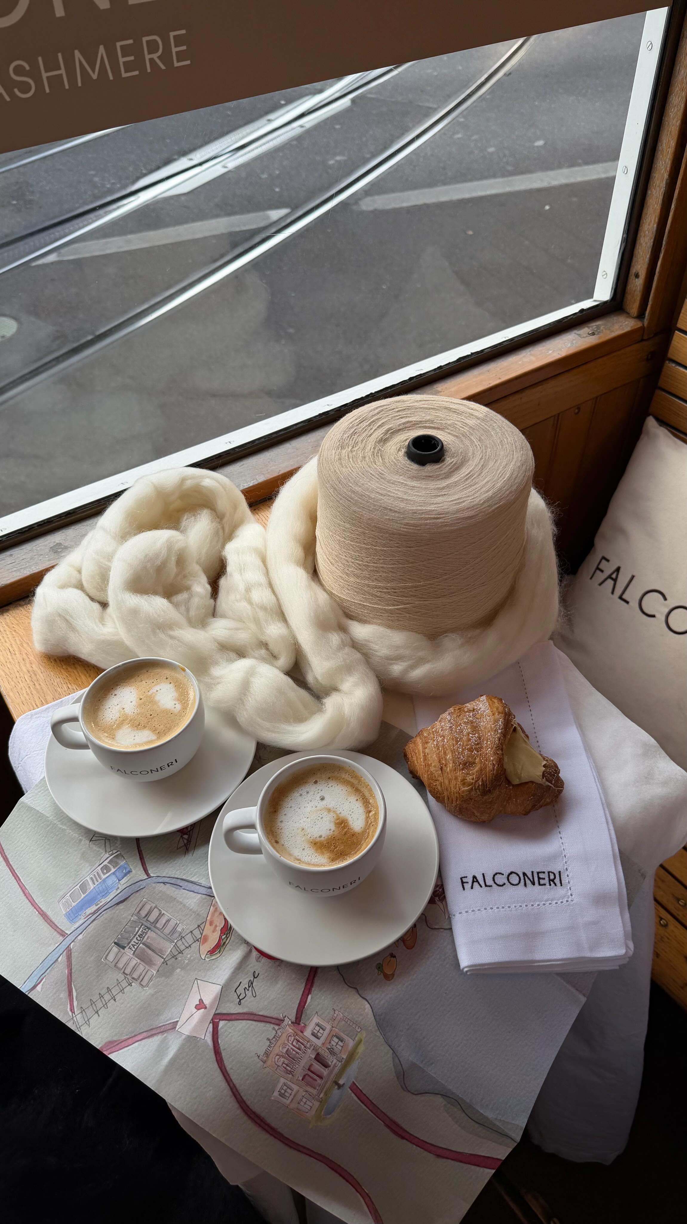 Instagram post by @sasha__fuks for Falconeri. Caption reads: Zurich by tram wrapped in @falconeriofficial [...].