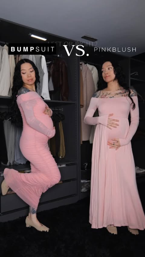 Instagram post by @aurtencio for PinkBlush Maternity. Caption reads: Baby shower dress inspo! Do you prefer the left....