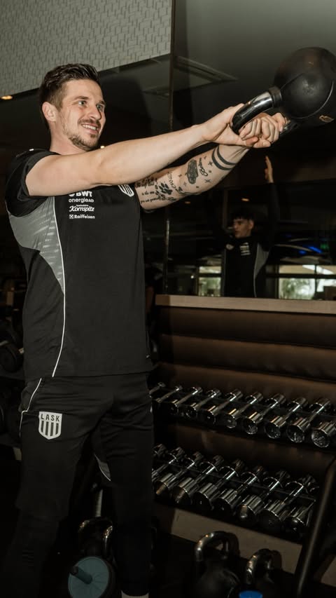Instagram post by @laskofficial for Technogym. Caption reads: [...] 🔥 #championstrainwithtechnogym....