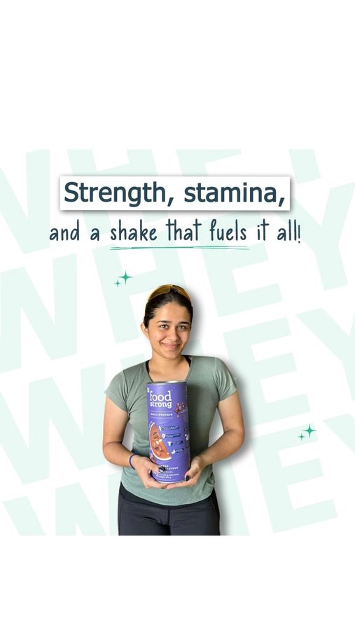Instagram post by @anoleejoshi for foodstrong. Caption reads: genuinely love this whey protein powder from....