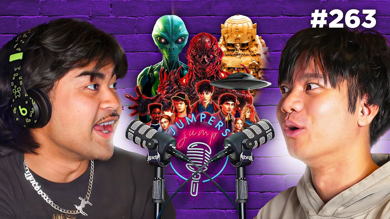 YouTube post by @jumpersjump for 1800 Contacts. Caption reads: STRANGER THINGS S5 THEORIES, TARTARIA WORLD & UFO....