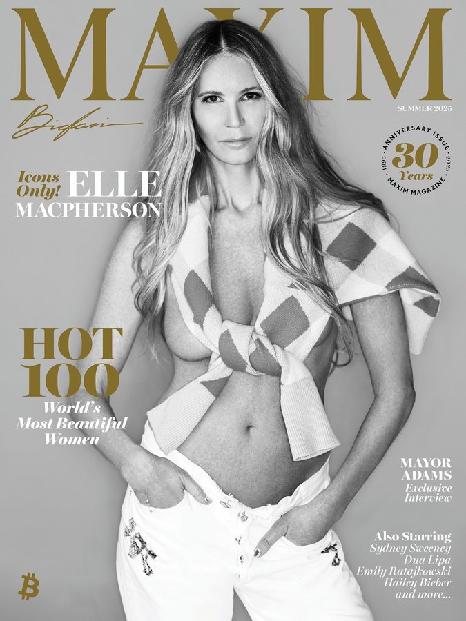 Instagram post by @ellemacpherson for MAXIM. Caption reads: The Icon Returns.

Elle Macpherson fronts our 2025....