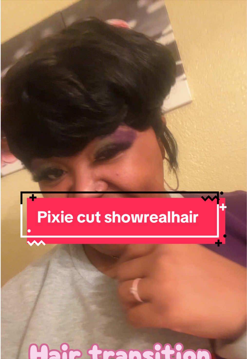 TikTok post by @teesworldteesway for Showreal Human Hair. Caption reads: Hair transition real smooth with this pixie.....