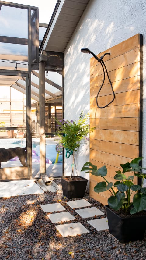 Instagram post by @crazylifewithlittles for The Home Depot. Caption reads: Our DIY Outdoor Shower is complete! #AD Comment....