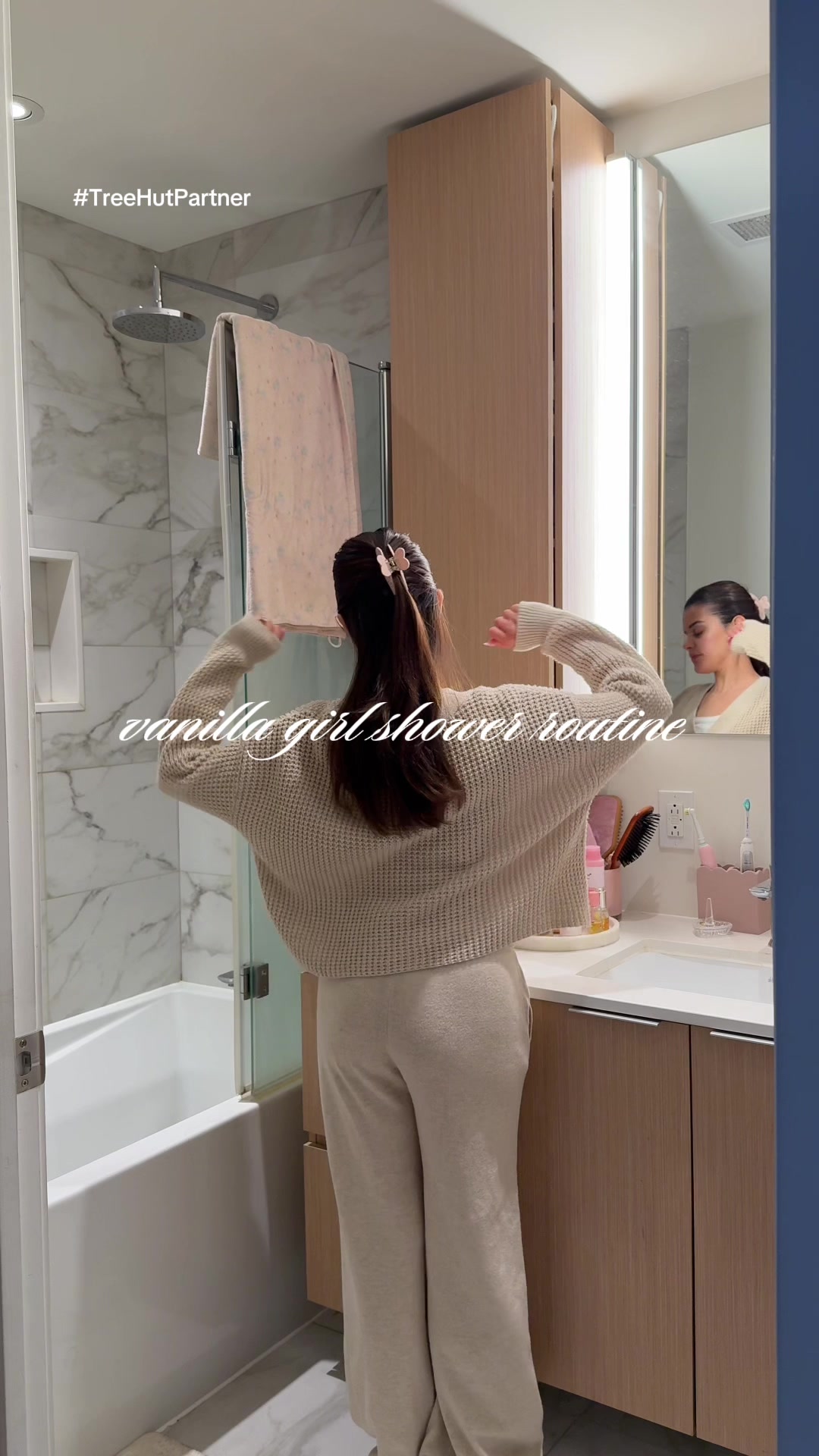 TikTok post by @vanessafaga for Treehut. Caption reads: [...] shea sugar scrub + shave oil smells ....