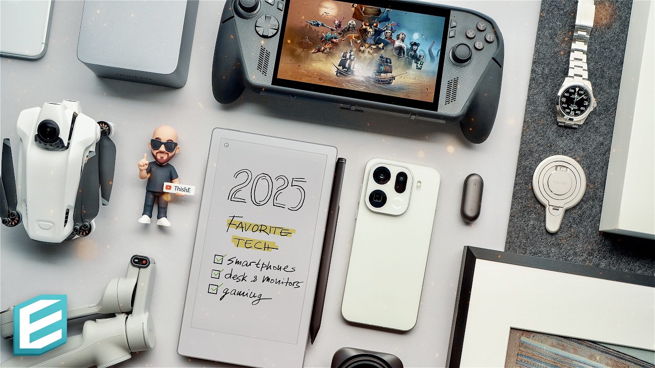 YouTube post by @ThisIsE for PITAKA. Caption reads: My Favorite Tech & Accessories of 2025.