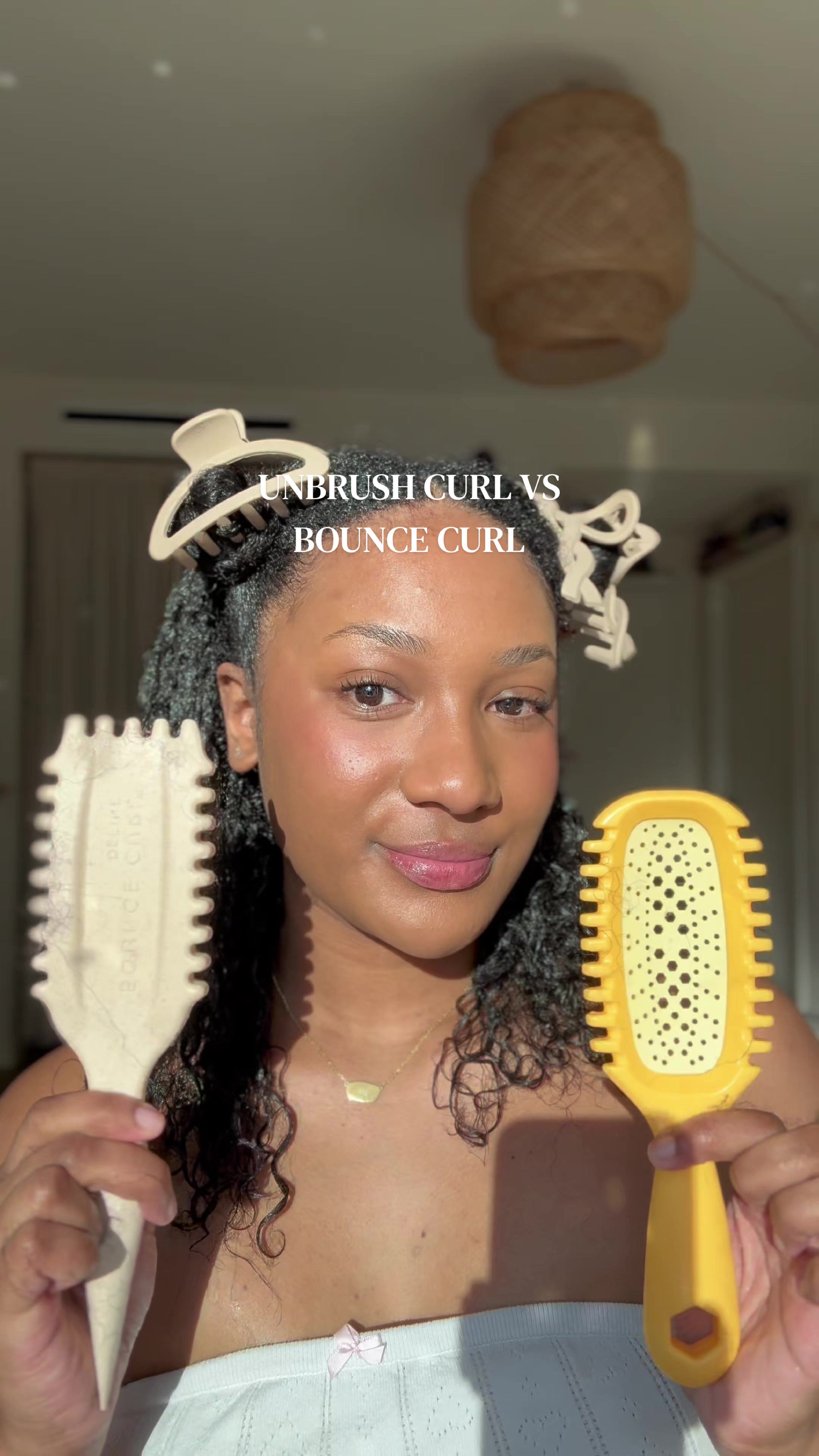 TikTok post by @thegiannaray for BounceCurl. Caption reads: [...] of the @FHI HEAT unbrush curl vs the....