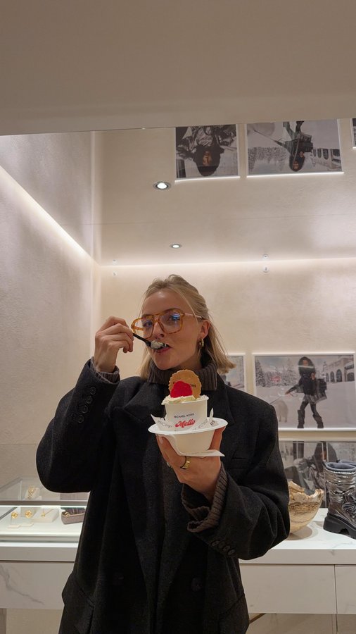 Instagram post by @brontekingg for Michael Kors. Caption reads: complimentary hot choc & matcha whilst shopppppin....