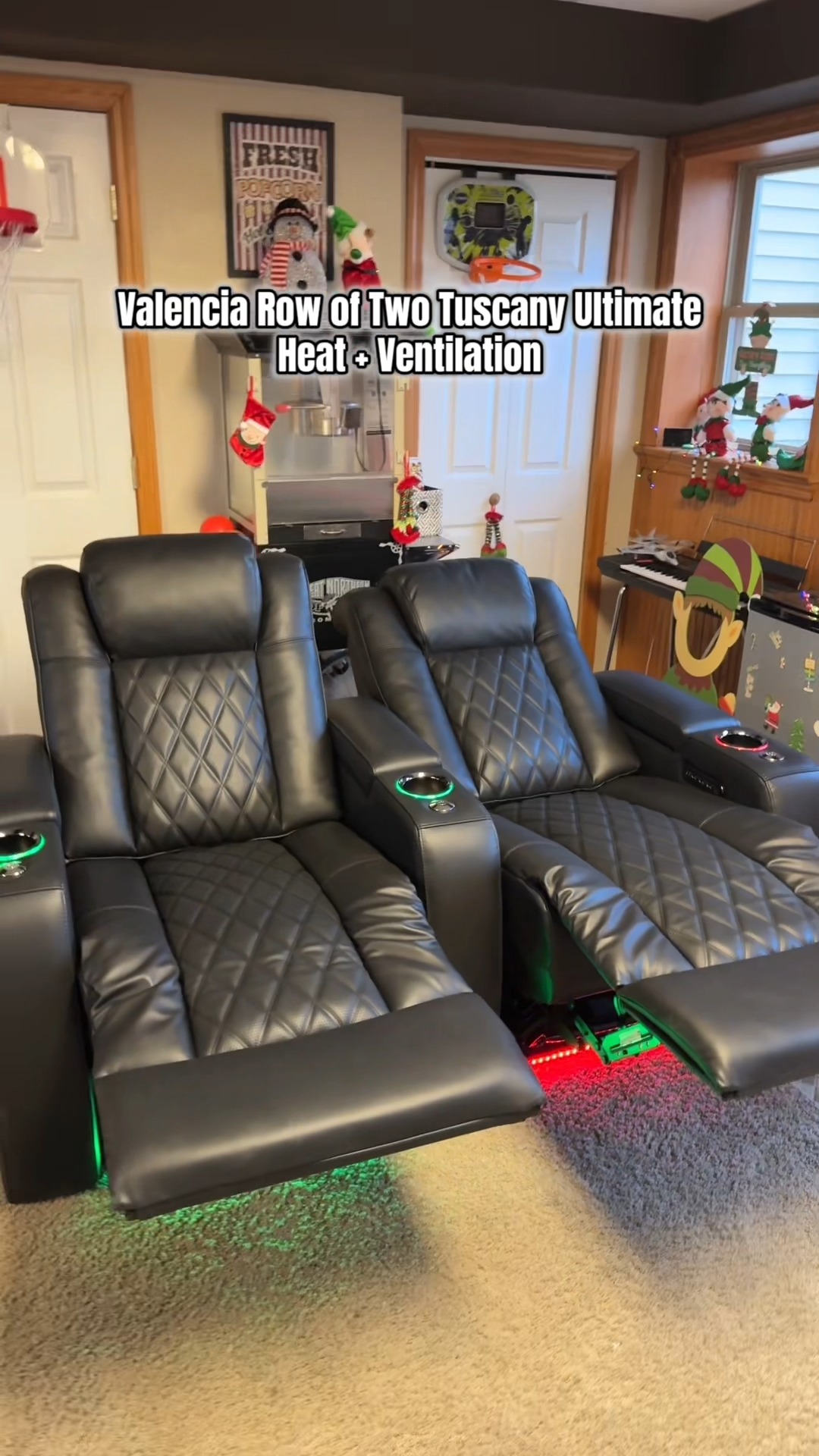 Instagram post by @calebeckenrode for Valencia Theater Seating. Caption reads: We transformed the theater room with the Valencia....