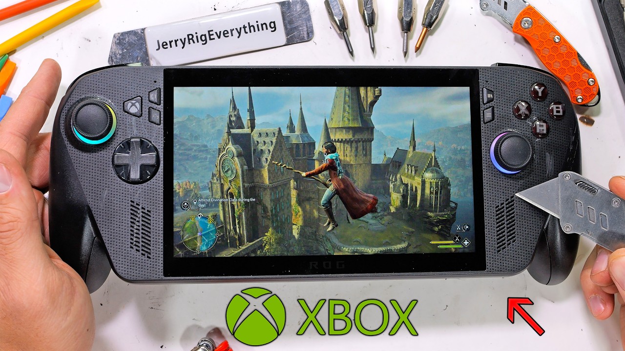 YouTube post by @JerryRigEverything for iFixit. Caption reads: Xbox Ally X -- WHAT ARE THEY THINKING?.