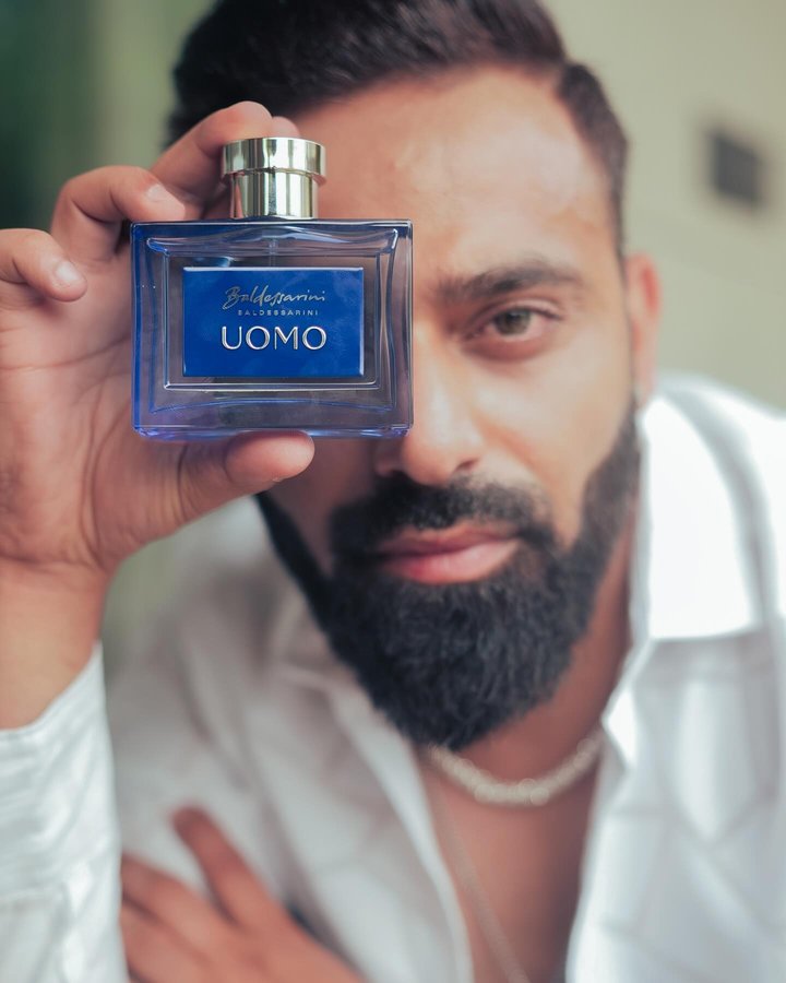 Instagram post by @shivamsachdevaofficial for Beauty Concepts Pvt Ltd. Caption reads: “Uomo by @baldessarini_fragrances a fragrance....